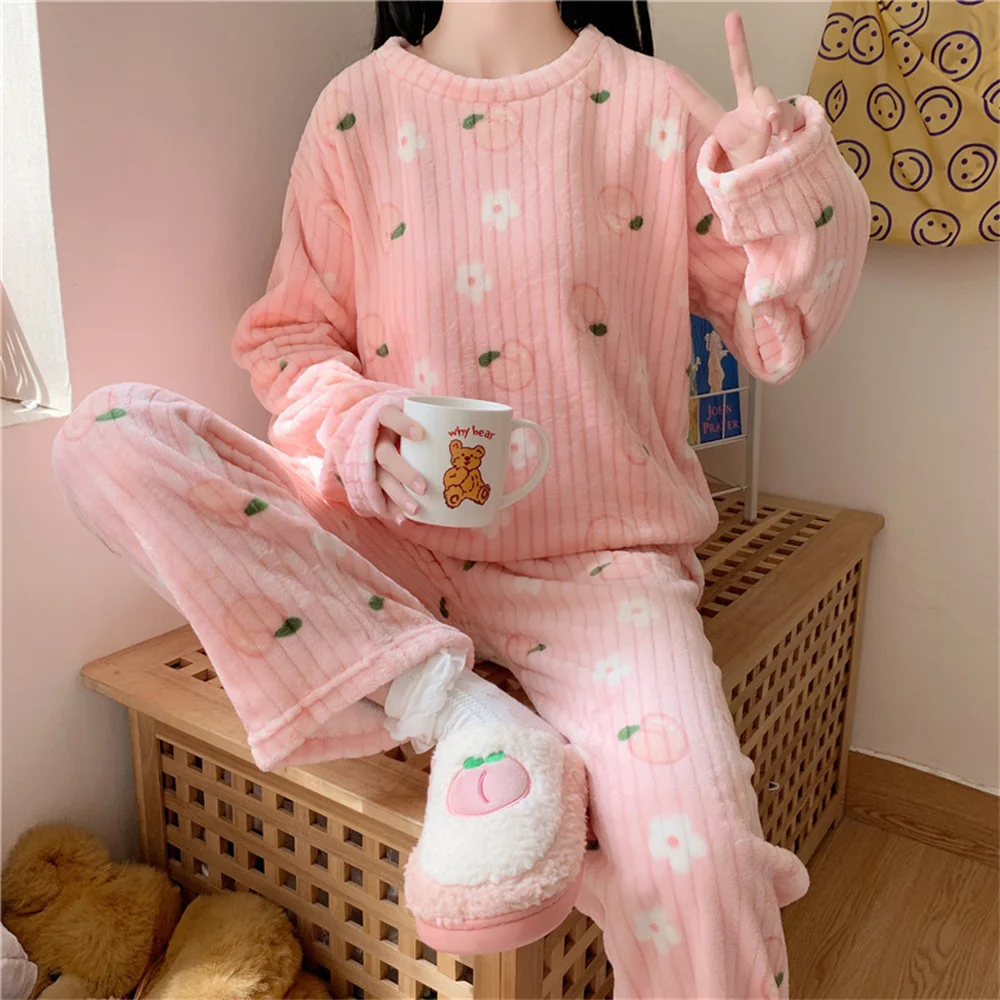 Conjunto de pijamas de manga comprida feminino, flanela quente, roupa caseira coral grossa, pijamas dos desenhos animados, urso pêssego, outono, inverno