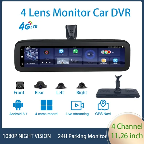 안드로이드 대시 캠 4 렌즈 미러 카메라 지지대, 4G 360 ° HD 1080P, 자동 내장 GPS, 와이파이, ADAS 자동차 DVR, 후면보기 포함, 2GB + 32GB 