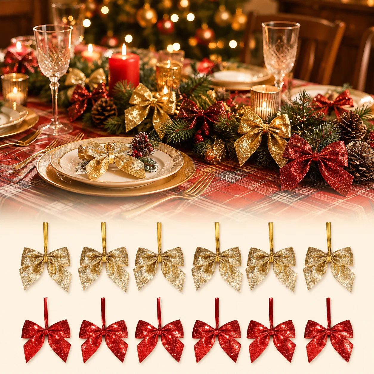 50Pcs Pre‑Tied Glitter Mini Christmas Bows with Twist Ties 5x5cm Red Gold Small Bow Ornaments for Gift Wreath Gift Box Decor