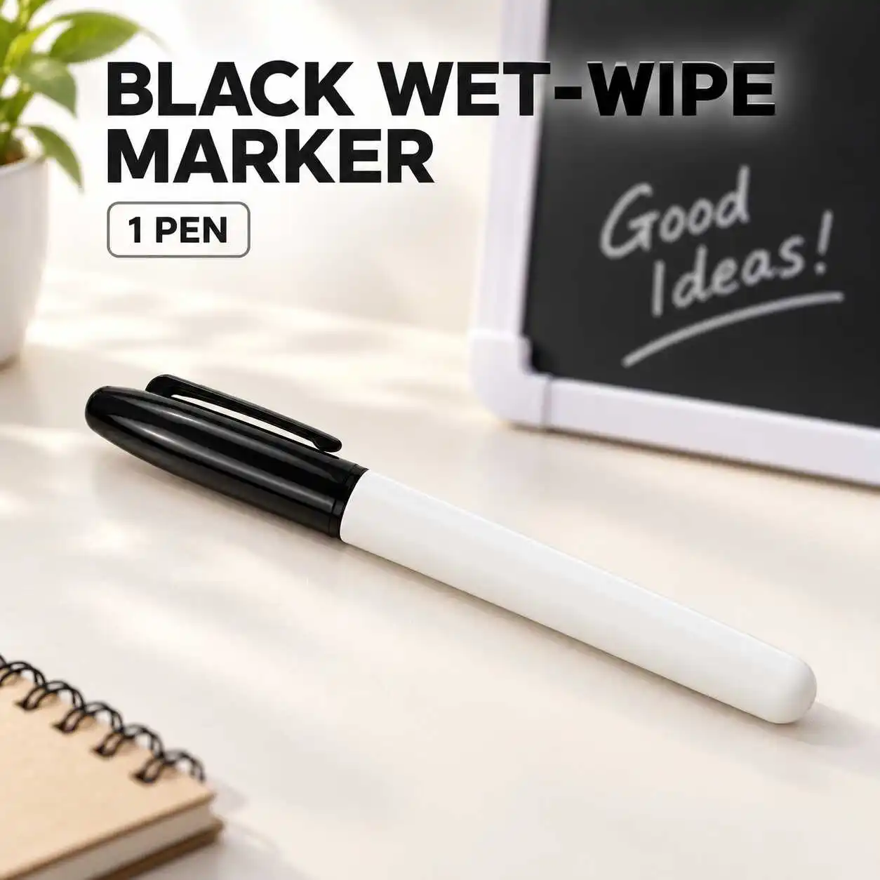 Black Wet Wipe Marker Pen Broad Chisel Felt Tip Plain Thick White Barrel Long Clip Cap Single Piece