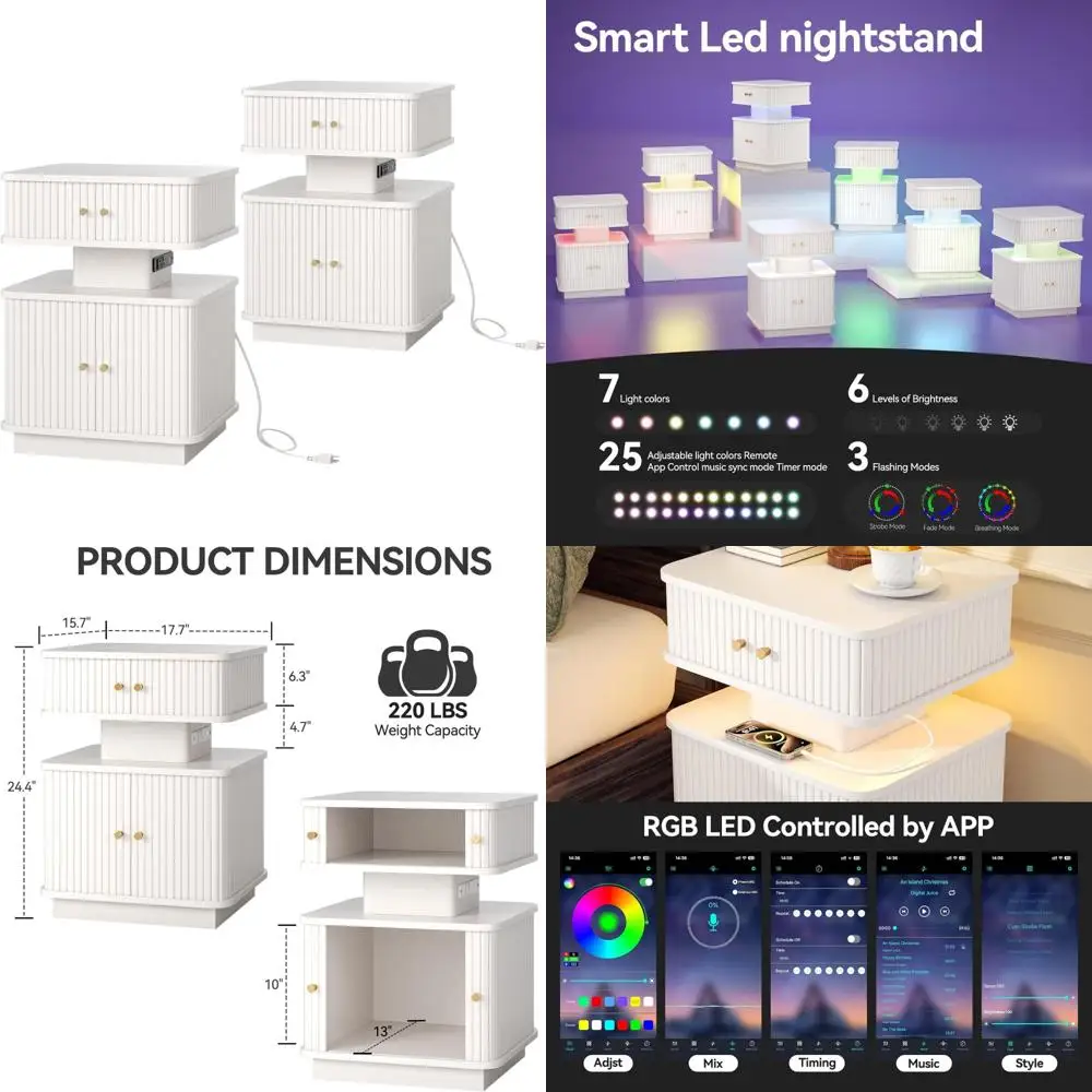 مجموعة منضدة LED حديثة مكونة من درجين لقاعدة شحن لغرفة النوم مع تصميم متعرج