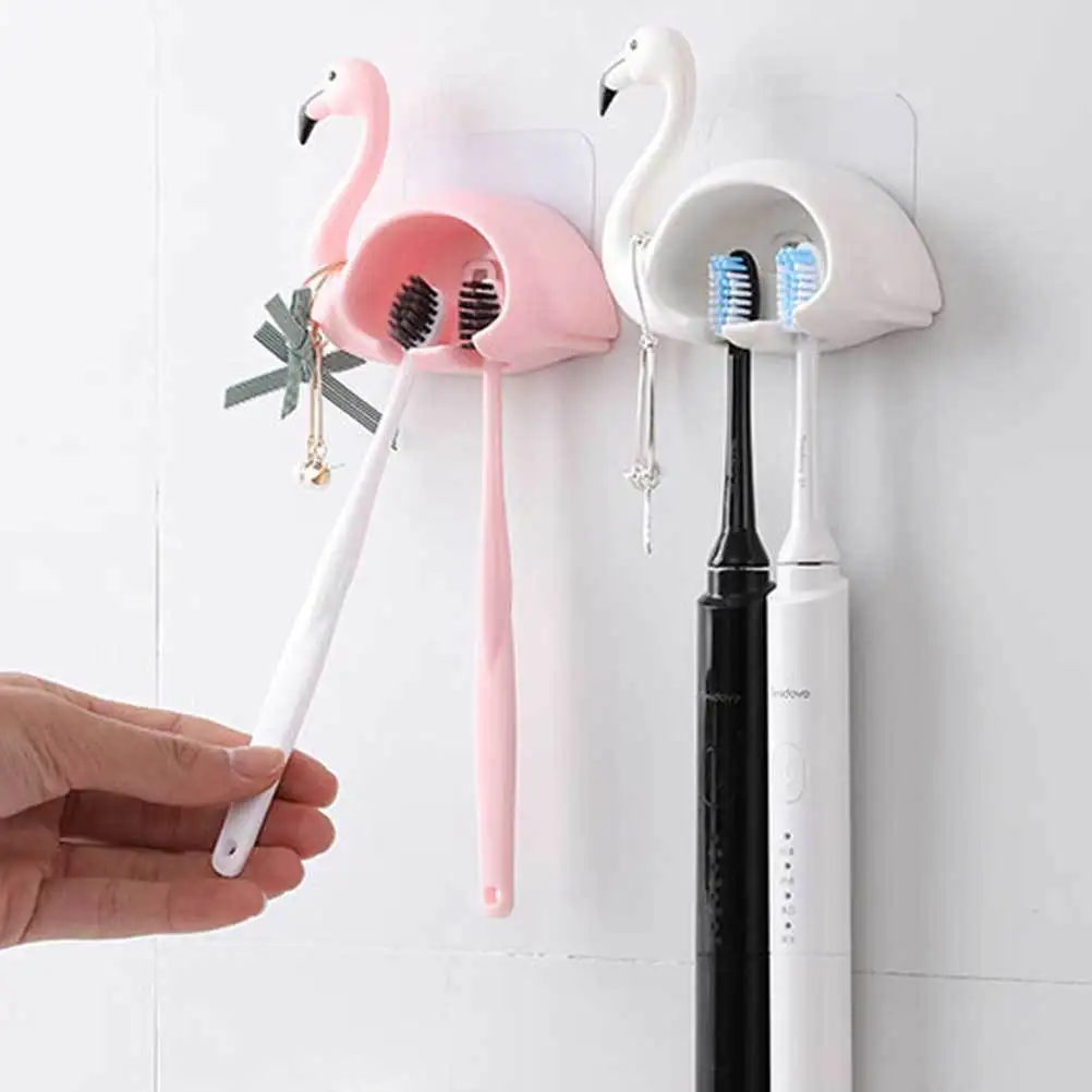 

2Pcs Flamingo Shaped Toothbrush Holder Suction Cup Rack Wall Mounted Organizer Stand Bathroom Accessories Pink