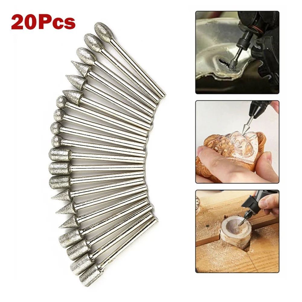 20pcs 3mm Diamond Grinding Heads Shank Burr Drill Bits Set 120 Grit Mounted Point Polishing Glass Stone Jade Engraving Accessory