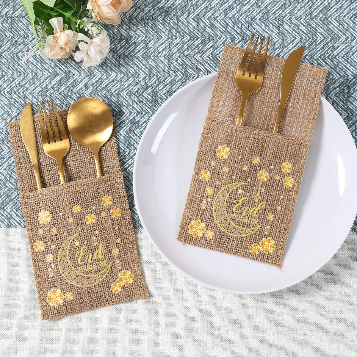 EID Mubarak Decoration Burlap Cutlery Bag Ramadan Decor 2025 Cutlery Bag Ramadan Kareem Islamic Muslim Party Eid Al Adha Gifts