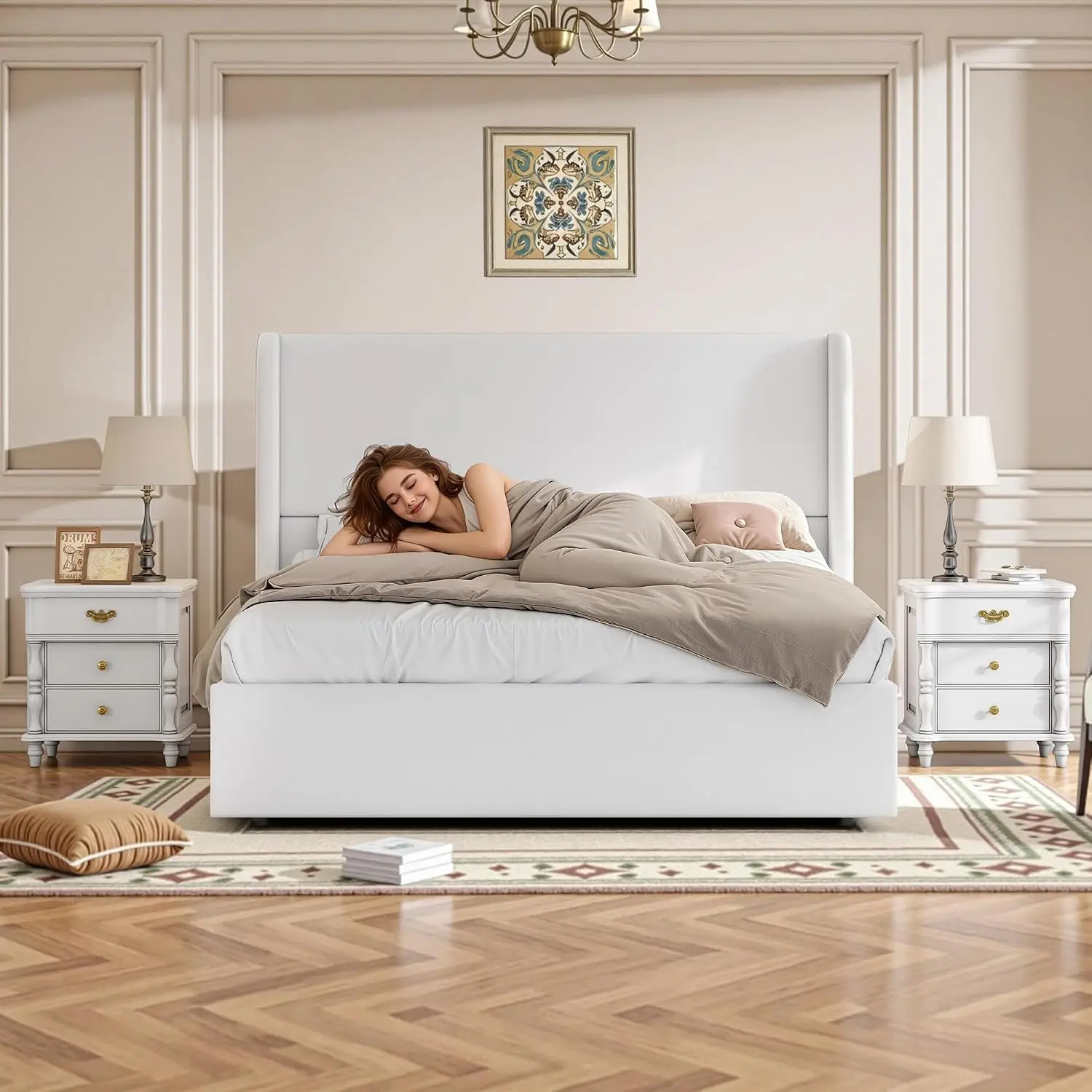 King Size Lift Up Storage Bed Frame with 51.2" Wingback Headboard, Linen Upholstered Platform Bed, Hydraulic Support, Custom