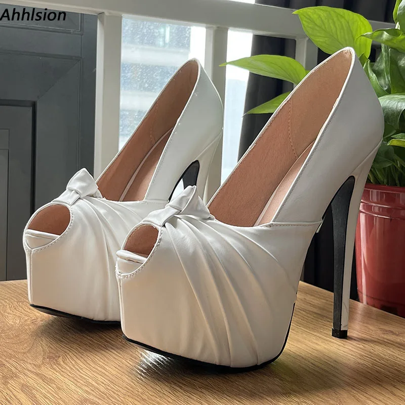 

Ahhlsion Handmade Women Summer Pumps Sexy Stiletto Heels Peep Toe Concise White Party Shoes Ladies US Plus Size 5-20