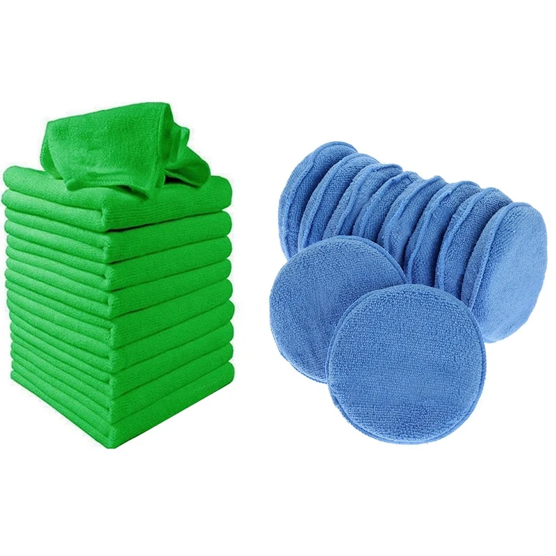 Microfiber Wax Applicator 12Pcs Blue & 10Pcs Car Wash Towel Cleaning Duster Auto Detailing Green Microfiber Green