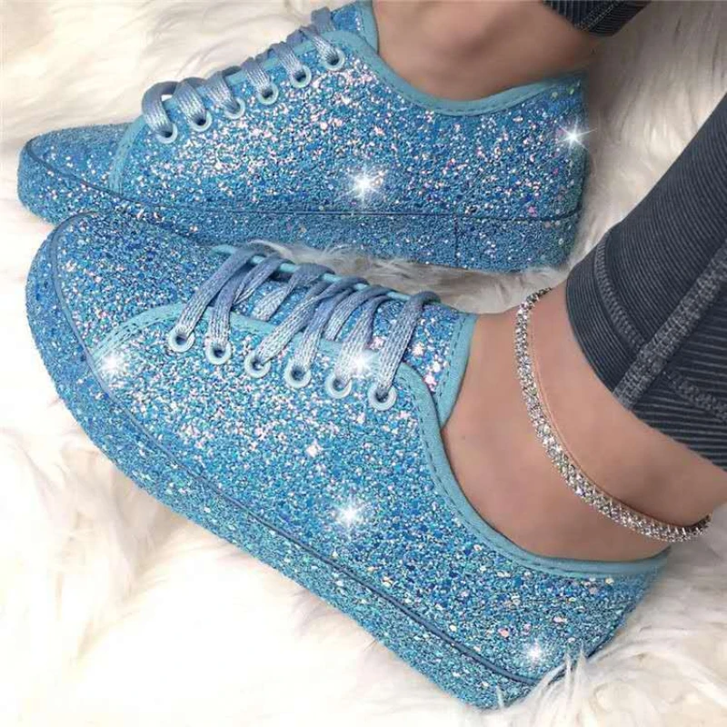 Women Lace Up Sneakers Glitter Summer Flats Vulcanized Shoes Ladies Bling Casual Female Fashion Platform Shoe Zapatos De Mujer