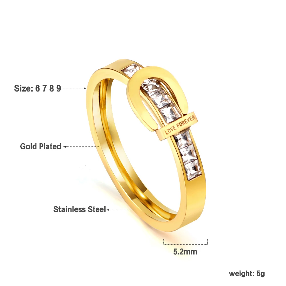 LUXUSTEEL Luxury White Zircon Belt Buckle Shape Rings For Women Golden Stainless Steel Rhinestone Love Forever Wedding Ring image 6