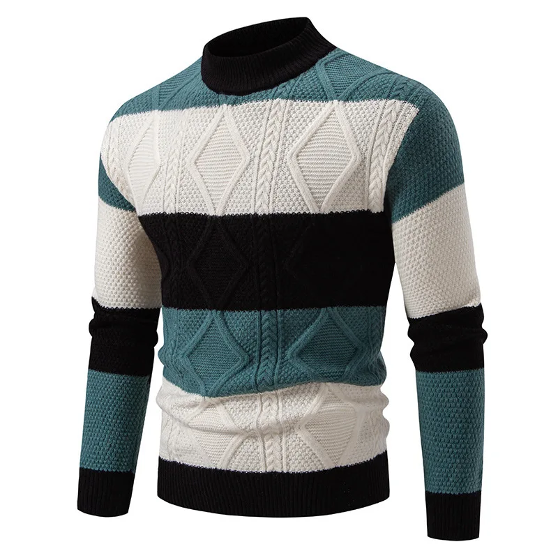 2025 Mens Autumn Winter New Fashion Trend Color Block Weaving Cotton Knitted Sweater Streetwear