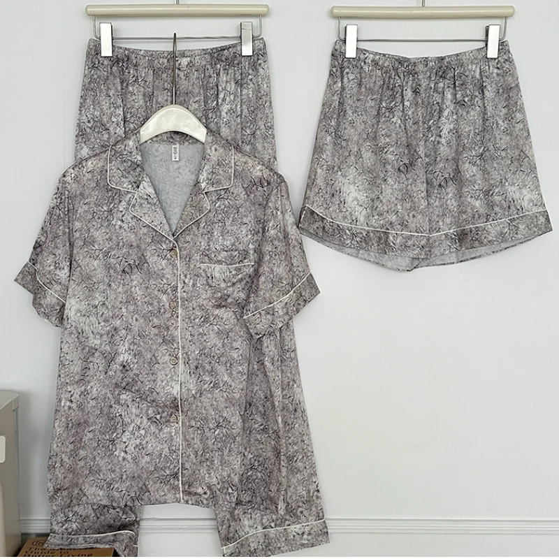 Summer Silk Satin 3PCS Pajamas Set Fashion Couple Sleepwear Short Sleeve Shorts Trouser Suits Pyjama Loose Homewear Loungewear