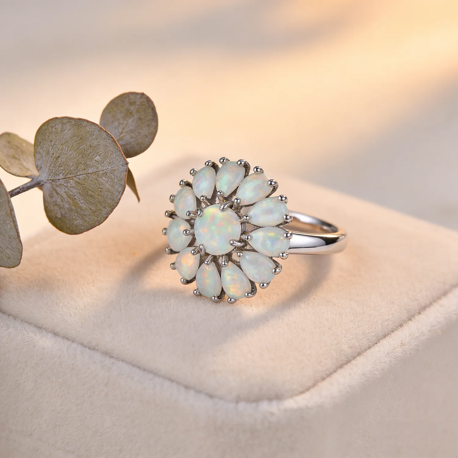 Luxury Flower Cocktail Ring with Real Fire Opal & Pink Gems Copper-Based Elegant Trendy Fashion Jewelry for Women