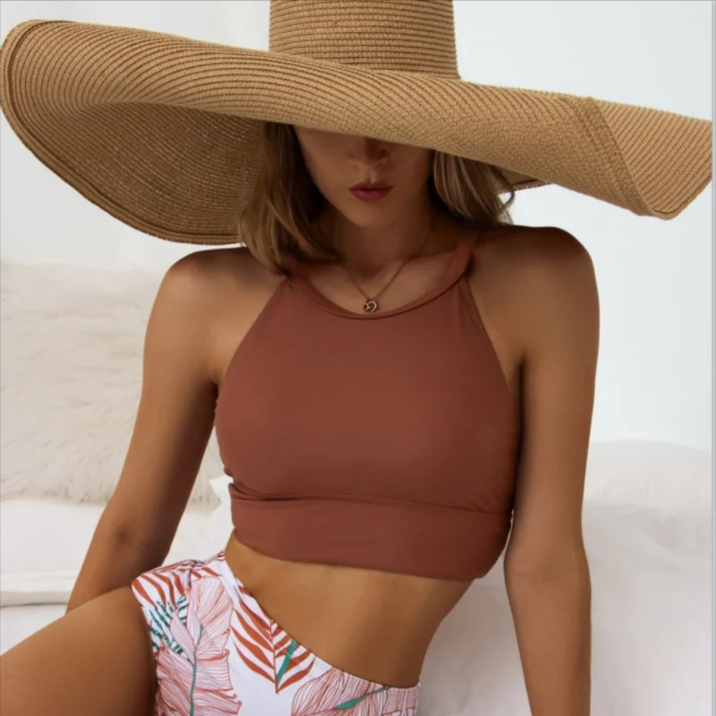 

Nylon Solid Color Sexy Bellyband Swimsuit Floral High Waist Two-Piece Bikini Swimwear