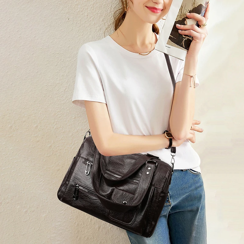 Modische Damen-Umhängetasche aus weichem Leder, große Kapazität, mehrere Außentaschen, abnehmbarer Riemen, Crossbody-Handtasche für den Alltag – Detail 7