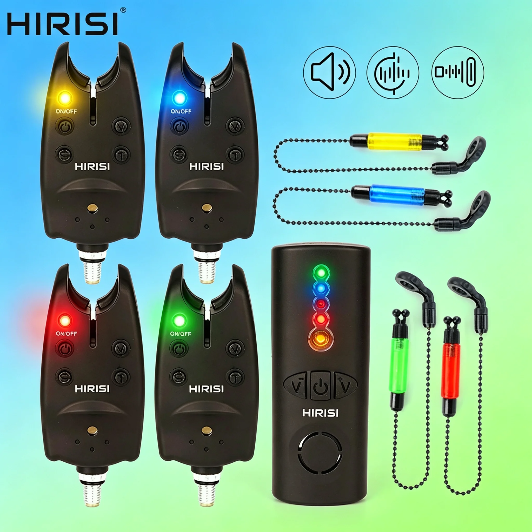 Image of Hirisi 1+4 Kabelloses Karpfenangel-Bissalarm-Set, Wasserdichter LED-Indikator mit Swinger, Nachtangel-Rutenzubehör SR