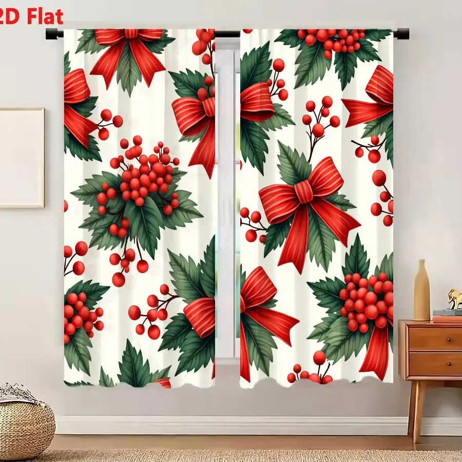 2Pcs Curtains 2D Flat Seamless Festive Holly Pattern With Red Berries And Elegant Ribbon Bows On Cream Background Window Drapes