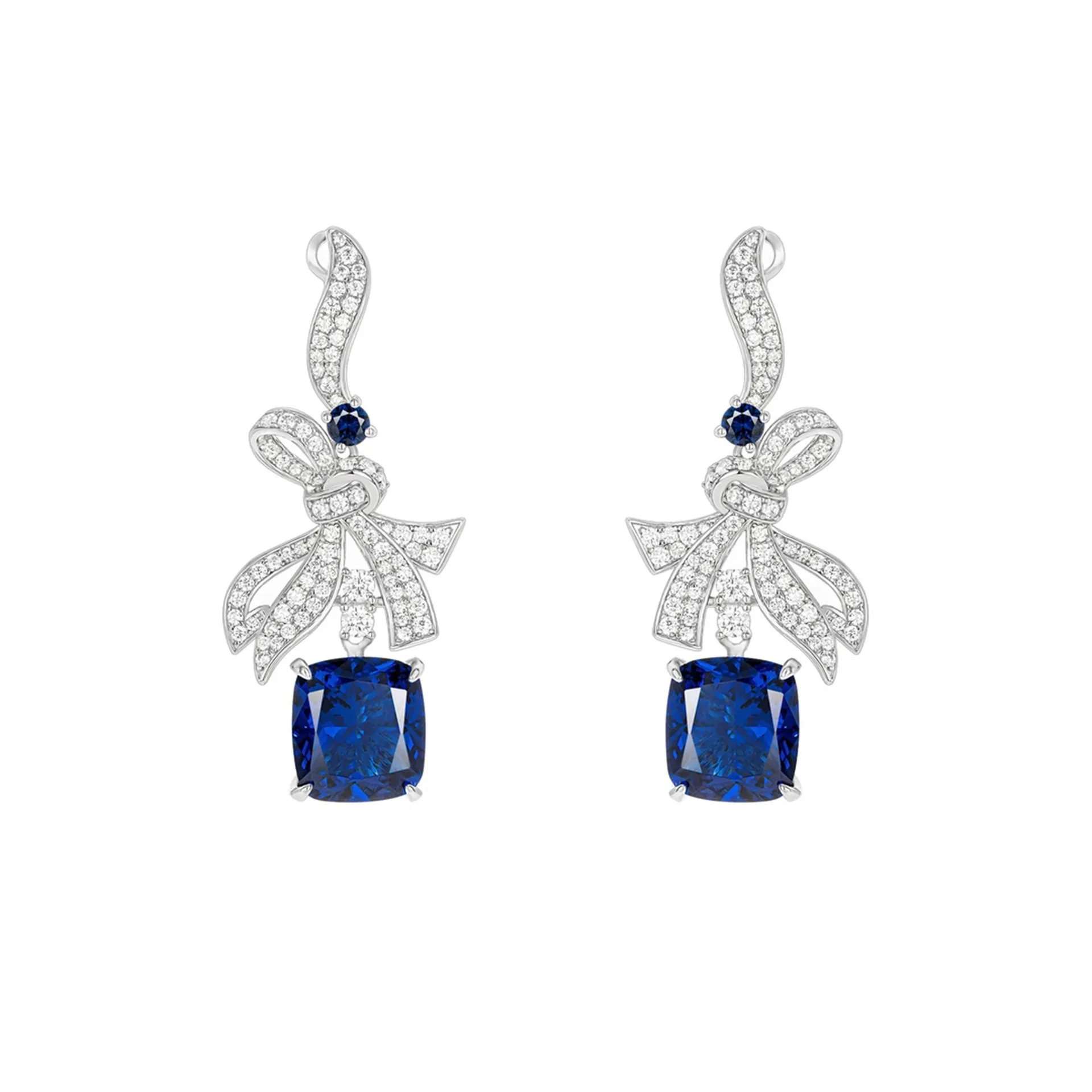 

Elegant Bow Knot Design Royal Blue Sapphire Drop Earrings Luxury 925 Sterling Silver Fine Jewelry for Women's Wedding Party Gift