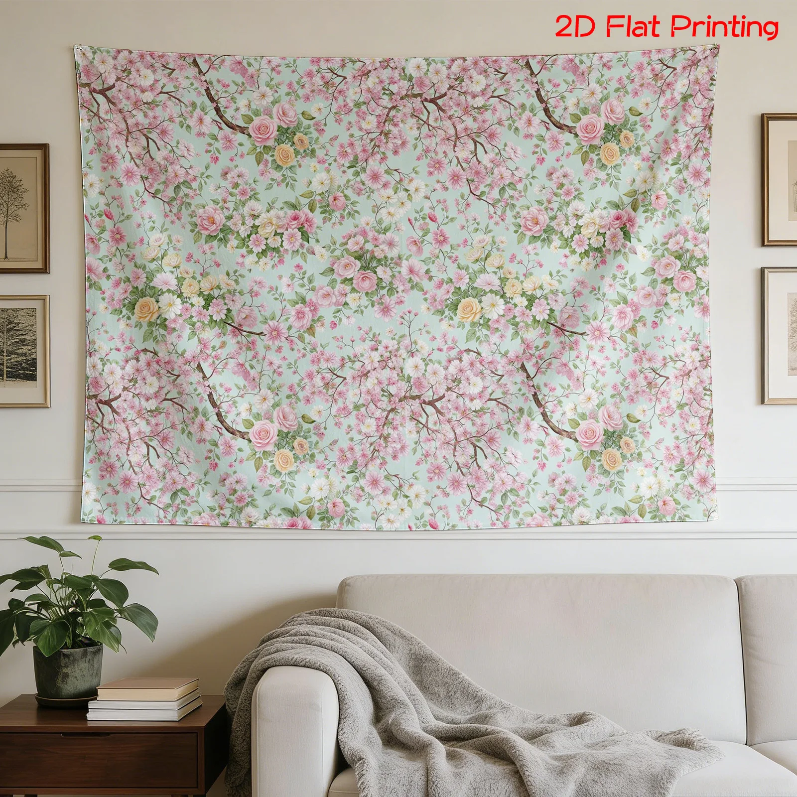 Pink Floral Cherry Blossom Tapestry Wall Hanging Polyester Fabric Print for Bedroom Living Room Decor Spring Cottagecore Romanti