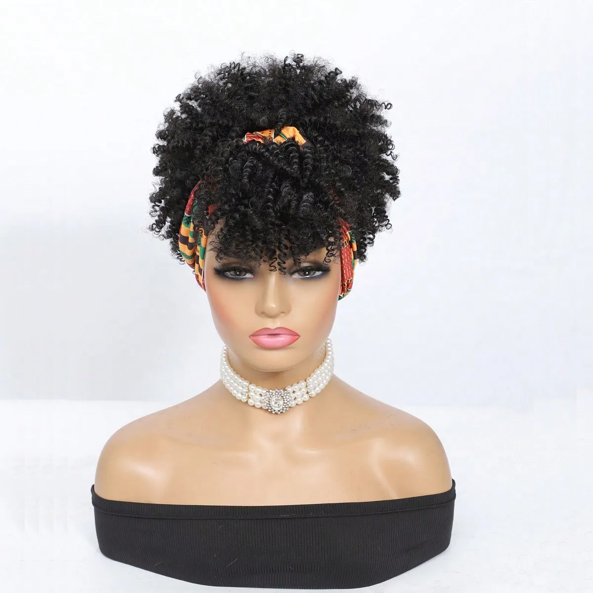 Kinky Headband Wig Black Curly Headband Wig With Bangs For Women Synthetic Afro Curly Hair Wig With Headband Attached Short Kinky Curly Afro High Puff With Bangs Stripes Wig