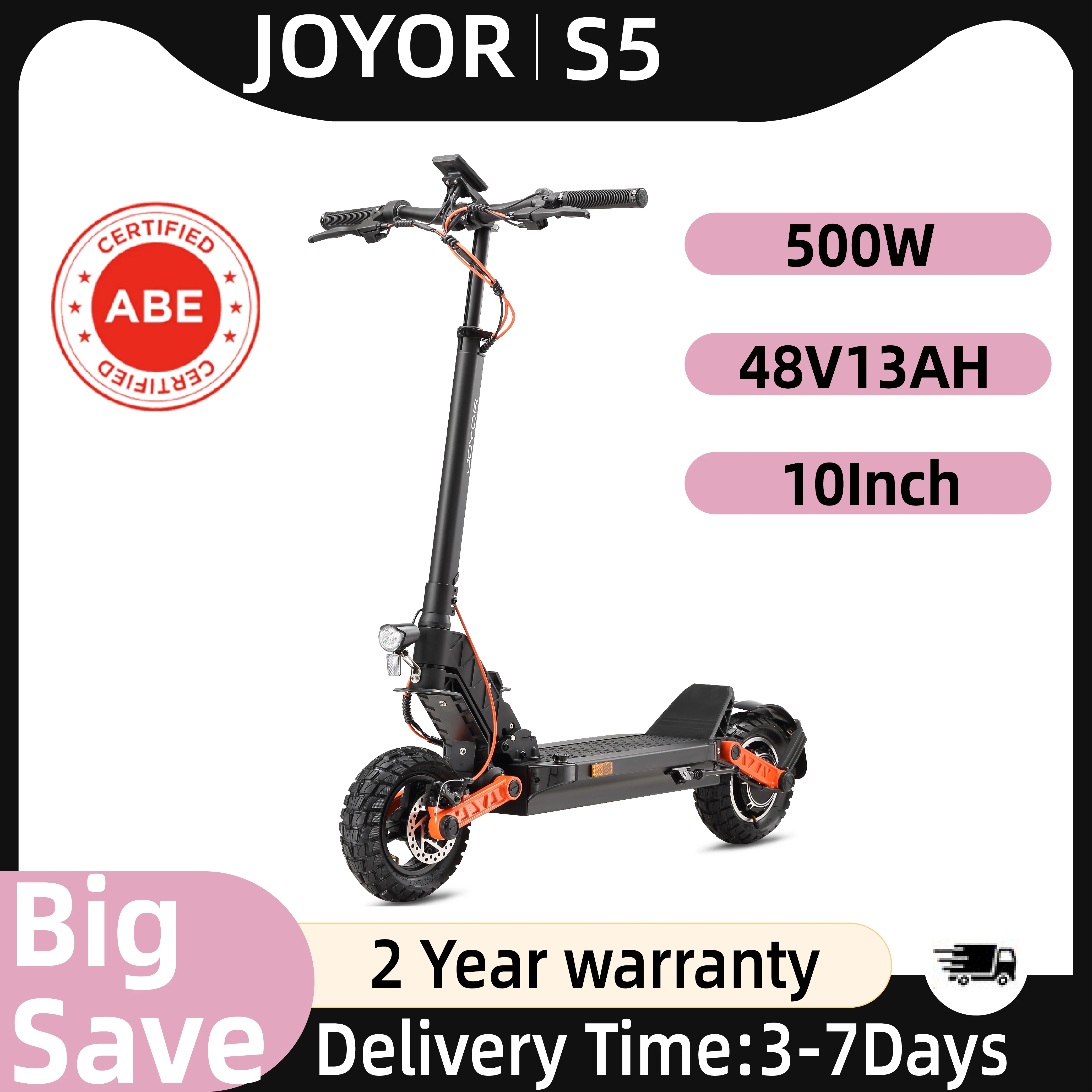 Trottinette électrique pour adultes JOYOR S5 ABE, moteur 500W, batterie 48V13AH, pliable, pneus gonflables de 10 pouces, trottinette électrique urbaine pour les trajets en ville