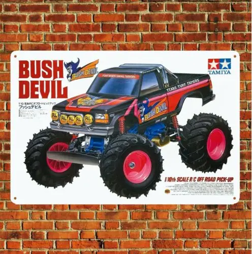 Metal Poster Vintage Rc Car Tin Sign Plaque Tamiya Bush Devil Truck Boxart