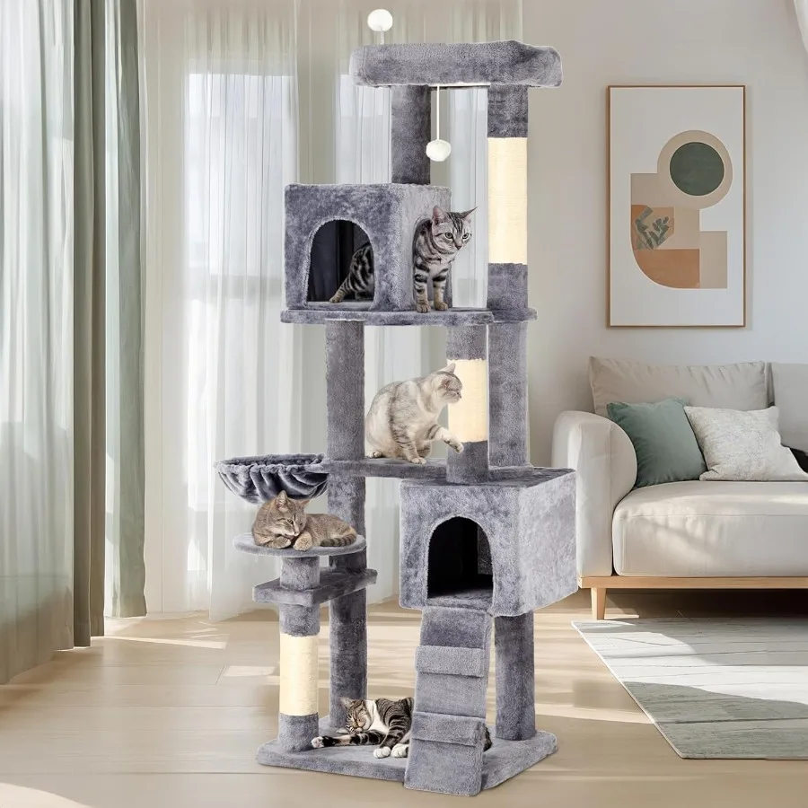 

70.8-Inch Tall Cat Tree Indoor Multi-Level Kitten Tower with Kitty Condos Top Perches Scratching Posts Cozy Basket Pet Play Hou