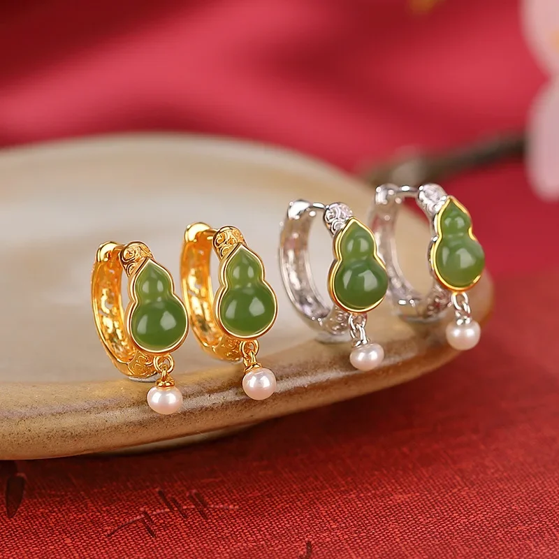 Vintage fashion style gourd silk S925 sterling silver arrings Gold plated fresh water pearl high touch jewelry ear loops