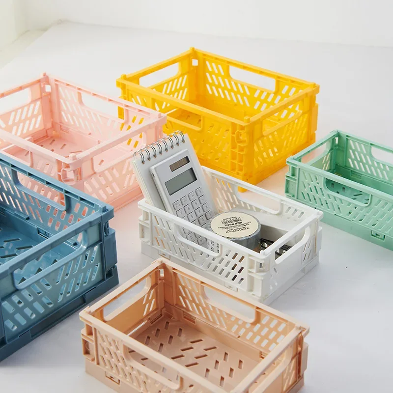 Household Plastic Foldable Storage Basket Student Desktop Collapsible Crate Sundries Organizer Stackable Drawer Container Box