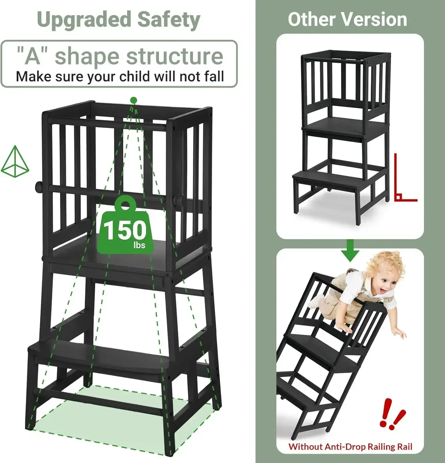 Kids Kitchen Step Stool Helper Baby and Toddler Multi-Function Step up Nursery Helper Stand with Safety Rail in Natural Bamboo,