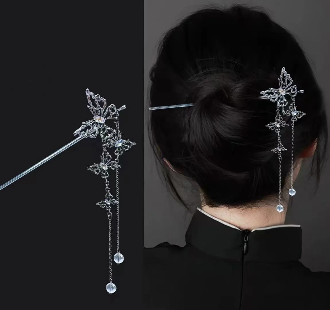 Jepit Rambut Gaya Cina 18Cm Stik Rambut Rumbai Kupu-kupu Bunga Elegan untuk Wanita Aksesori Rambut Perhiasan Logam Hanfu Antik 1 Buah