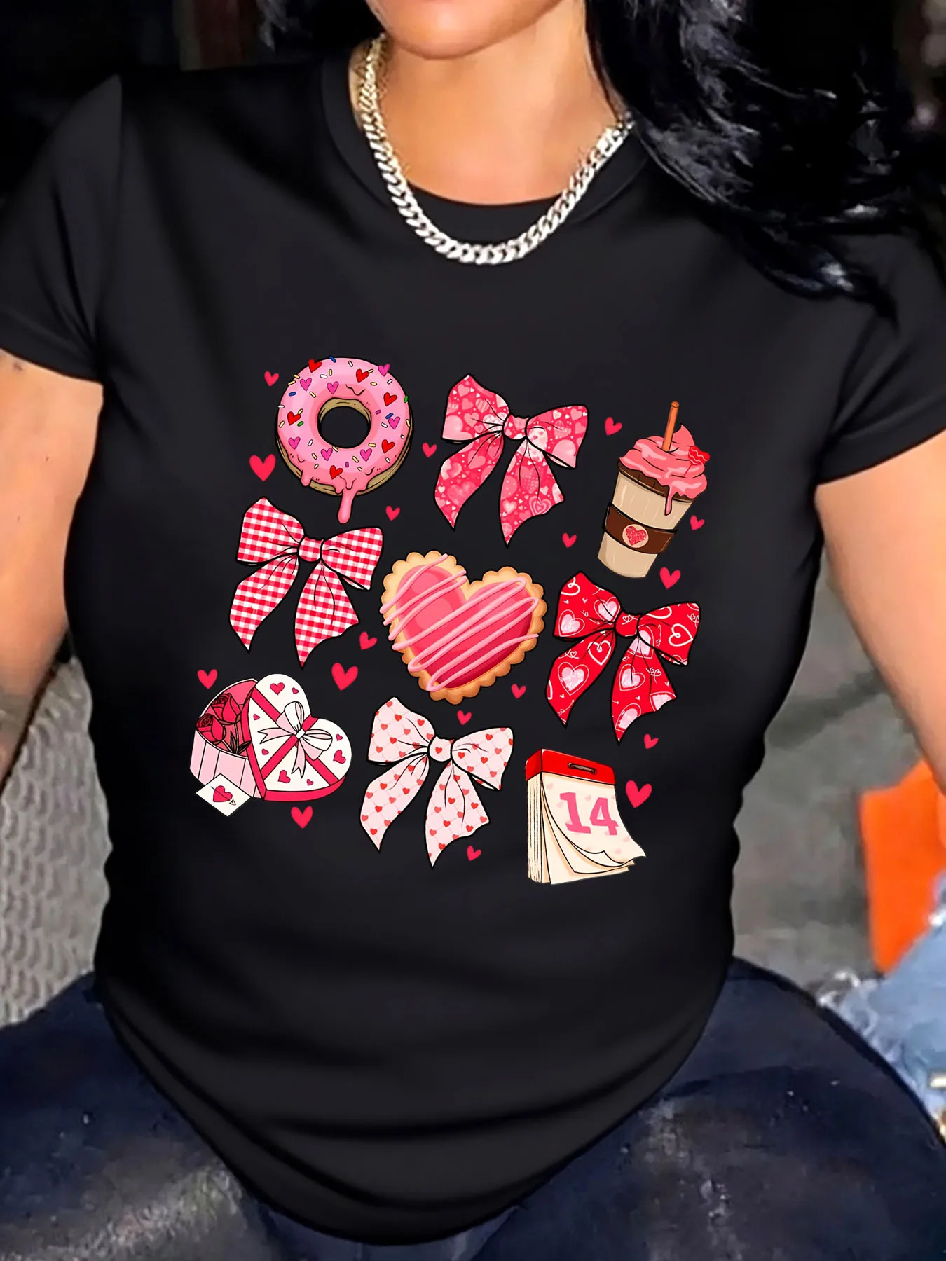 

Женская футболка больших размеров на День святого Валентина, пончик, бант, сердце, кекс, календарь, принт, верхняя одежда