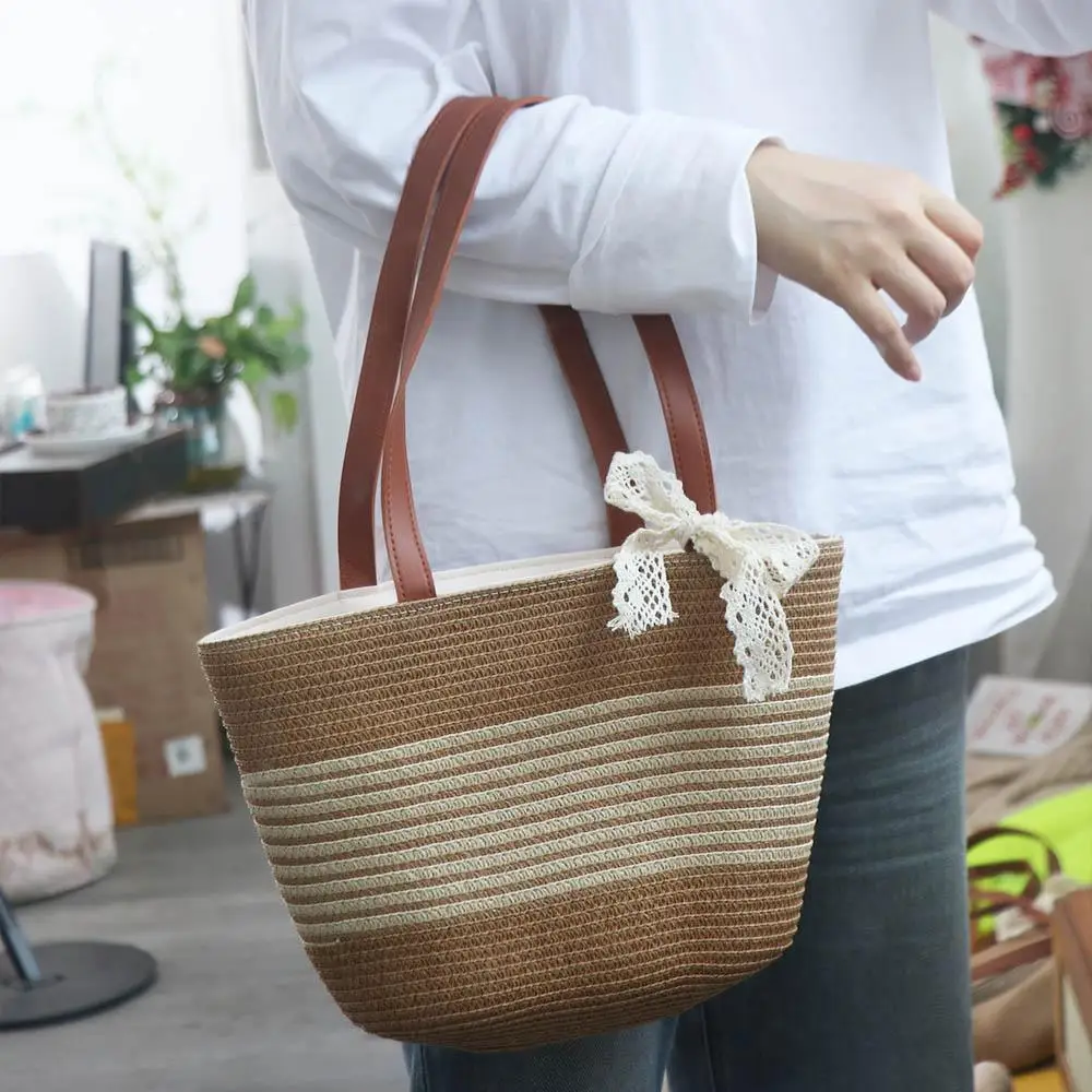 

Sweet Woven Tote Bag Lace Ribbon Large Capacity Stripe Straw Handbag Breathable Lightweight Summer Beach Bag Storage