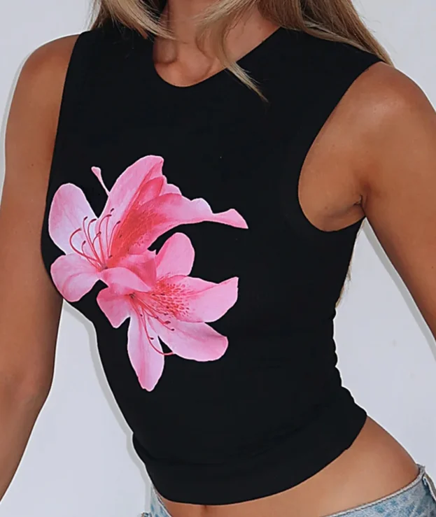 Tank Tops Woman Y2K Style Sexy Floral Print Vest American Sexy Flower Print O-Neck Sleeveless Hot Girl Tight Versatile Y2K Top - Image 2