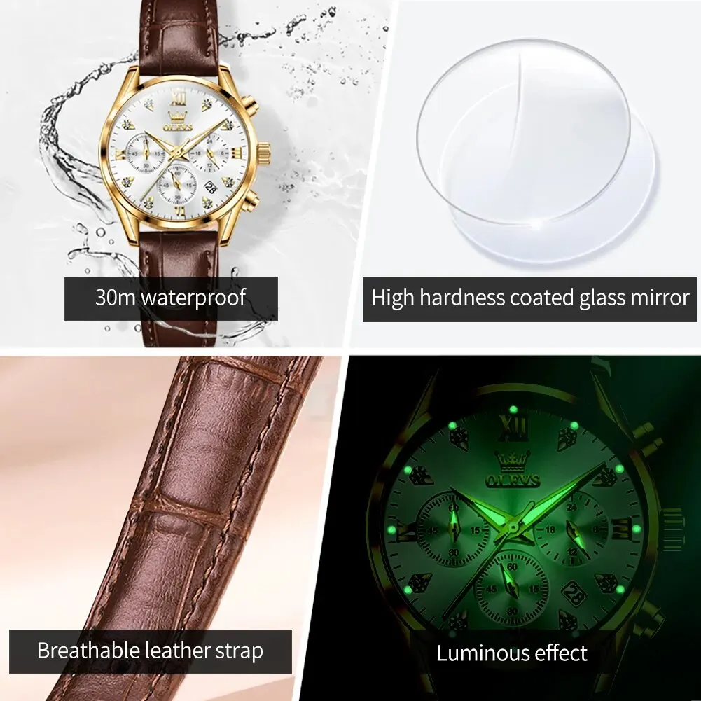 OLEVS 5523 Top Original Luxury Quartz Watch for Women Leather Strap Waterproof Luminous Chronograph Elegant Ladies Wristwatches