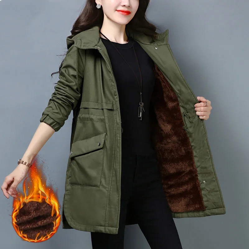 

Winter Women Windbreaker Coat Nice New Add Velvet Thick Hooded Jacket Female Warm Overcoat Large Size Loose Women Tops H165