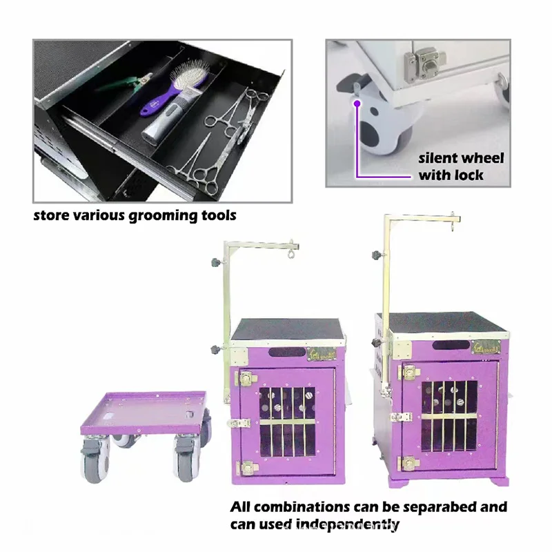 Stackable Lockable Aluminum Dog Show Cage | Double Deck Double Compartment with Grooming Arm & Pull Rod for Pet Salon