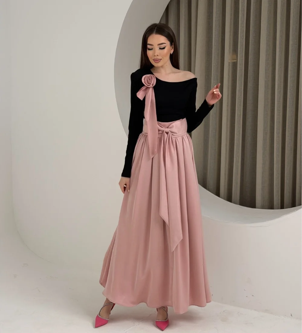 

Customized Pink Jersey Handmade Flower Bow Ruched Pleat A-line One-shoulder Ankle Length Evening Dresses Sizes Available Retro