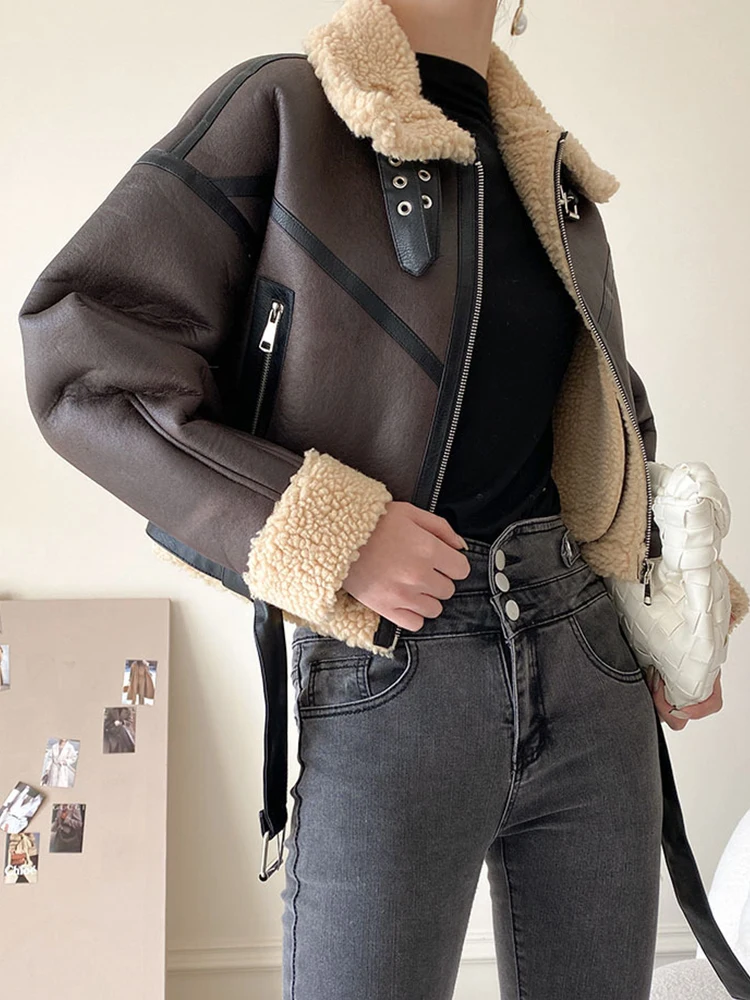 Ailegogo Herfst Winter Vrouwen Retro Losse Dikke Warme Faux Lam Bontjas Streetwear Vrouwelijke Gesplitste Rits Riem Jas Uitloper