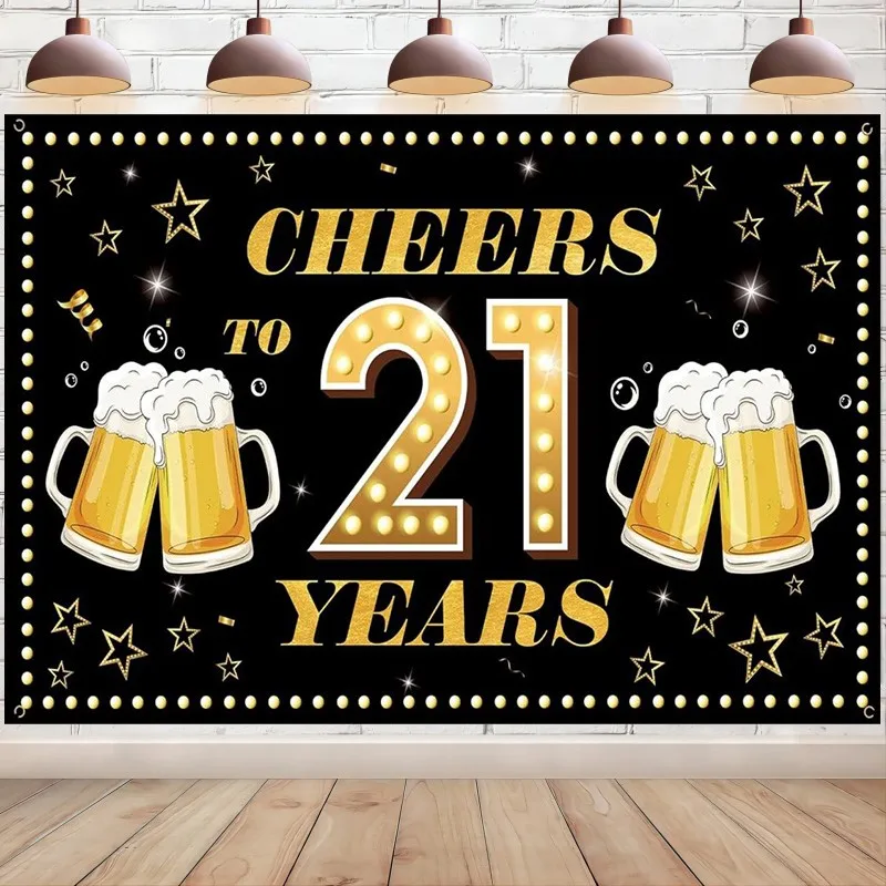 21st Birthday Decoration Cheers to 21 Years Backdrop Banner Black Gold Background 21st Yard Sign Photo Props for Outdoor Indoor