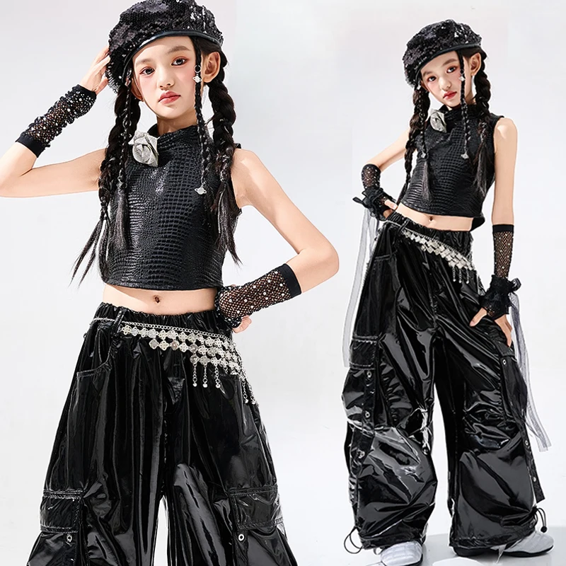 

Kpop сценический наряд для девочек, серебряная майка, черные брюки для танцев в стиле хип-хоп, детская одежда для джазового шоу, сценическая одежда, крутая одежда для уличных танцев AMY2378