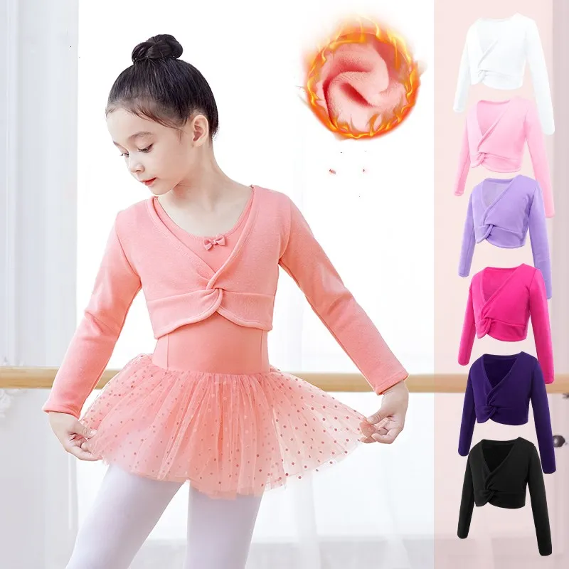 Girls Classic Thick Ballet Long Sleeve Wrap Top Velvet Inner Winter Warm Up Cardigan Shrug Toddlers Front Knot Dress Cover Up