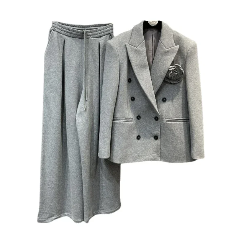 2023 Autumn and Winter Grey Blazer Women Lapel Long Sleeve Double Breasted Big Flower Suit Coat Niche Coats