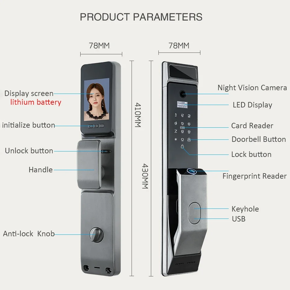 Smart Door Lock Face Recognition Tuya WIFI Smart Door Lock With Camera Lock Digital Fingerprint Smart Keyless