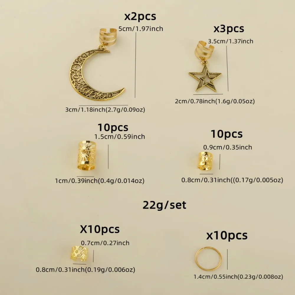 45Pcs/Set Stars Moon Combination Dreadlock Hair Rings Metal Cutout Vintage Braiding Jewelry Dreadlock Hair Clip Adjustable
