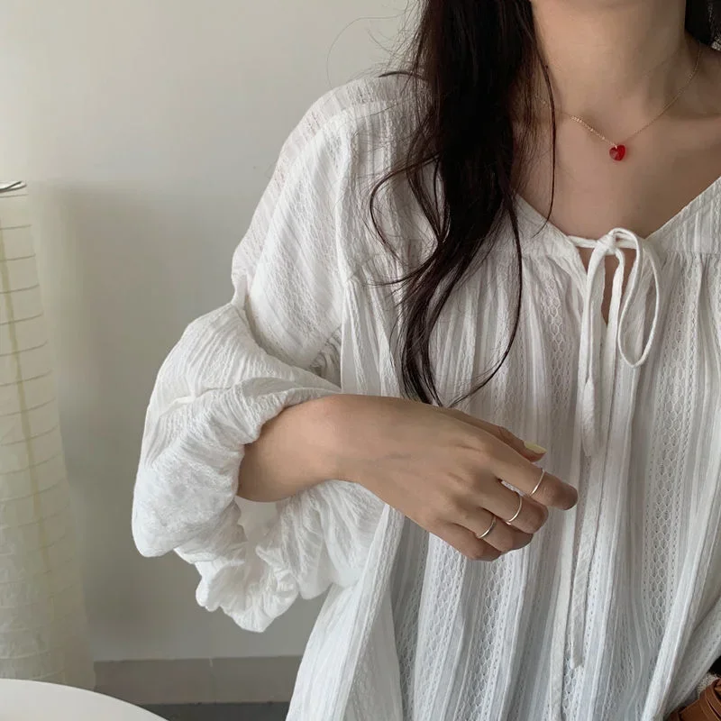 Blouses Women Korean Style Loose Fashion All-match Lantern Sleeve Female Casual Clothing Solid Simple Streetwear Top