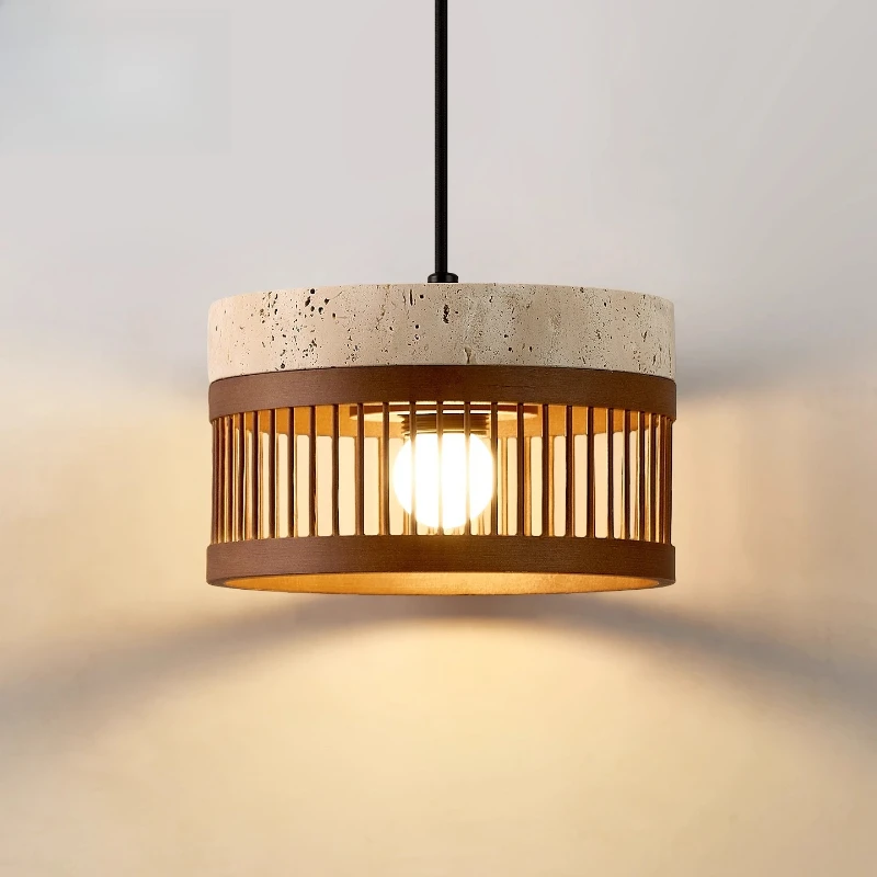 

Cage Travertine Stone Pendant Lamp Retro Wabi-sabi Solid Wood Dining Room Hanging Light Bar Bedside Bedroom Lighting Fixture