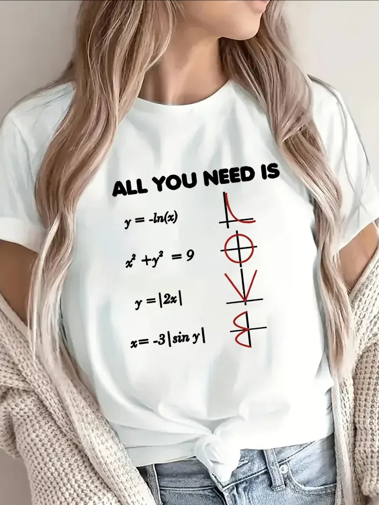 

Ladies' Math Themed T-shirt with Printed Calculus and Trigonometry Equations Lightweight Casual Round Neck Short Sleeved Top