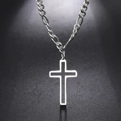 Hollow Cross Pendant Necklace for Men Women Stainless Steel Figaro Chain Necklace Punk Choker Jewelry for Party Gift