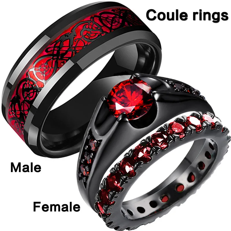 

New Red Rhinestones Rings For Women Couple Jewlery Wedding Bands Bridal Sets Man Balck Dragon Pattern Stainless Steel Ring