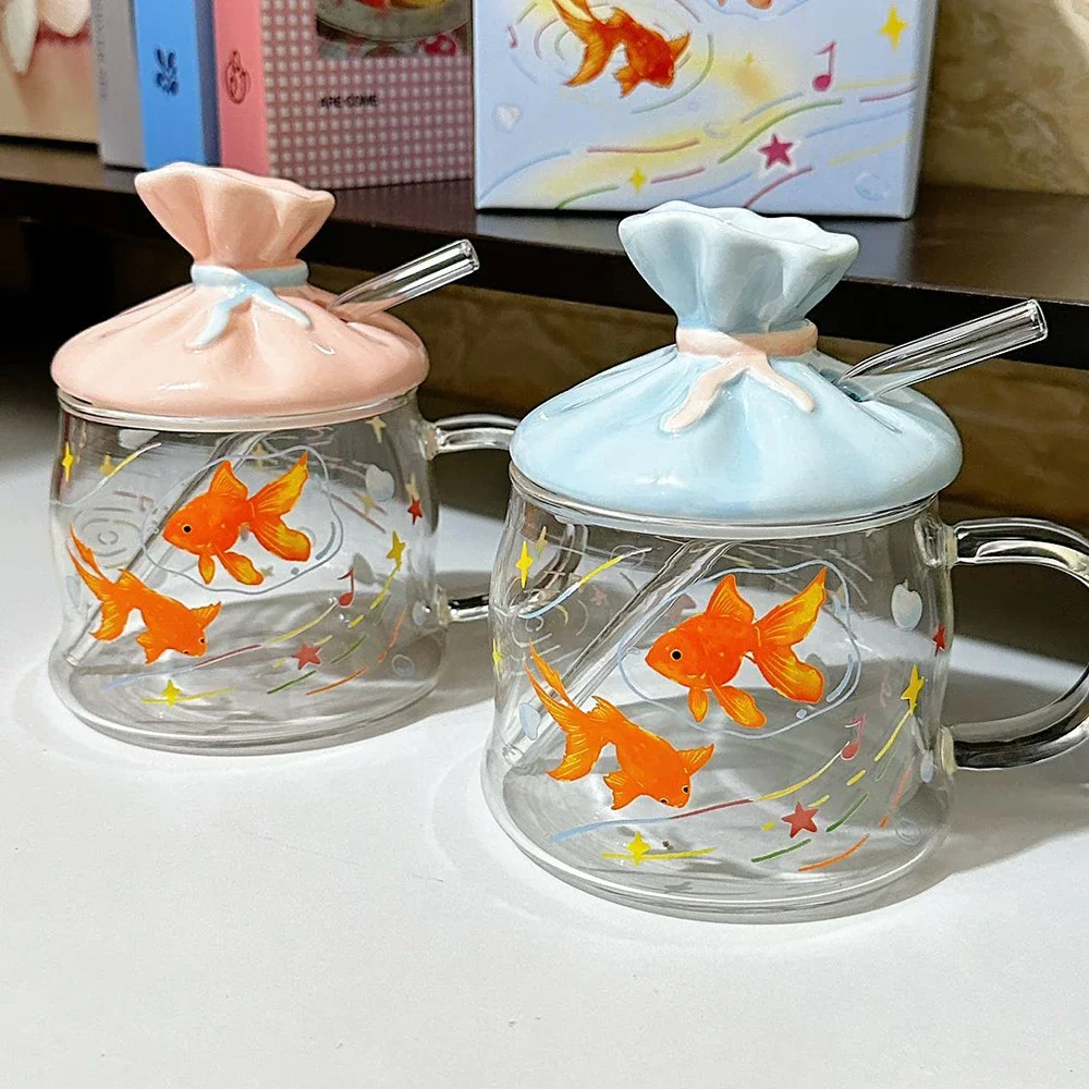 Cute Cartoon Handgrip Glass Cup Korean Style Ins Transparent 500ML Delicate Office Homehold Drinkware Juice Glass Birthday Gifts